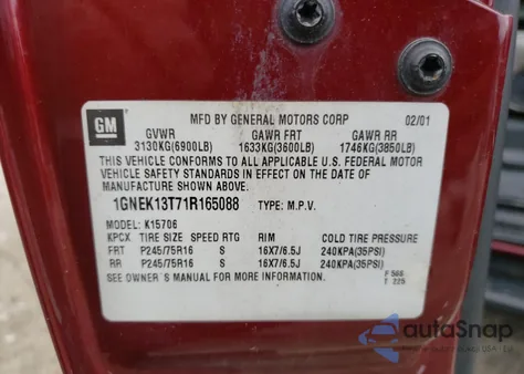 2001 Chevrolet Tahoe K1500 из США, поврежденный, VIN 1GNEK13T71R165088